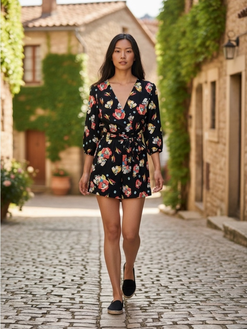 Black Floral Wrap Romper with Tie Waist